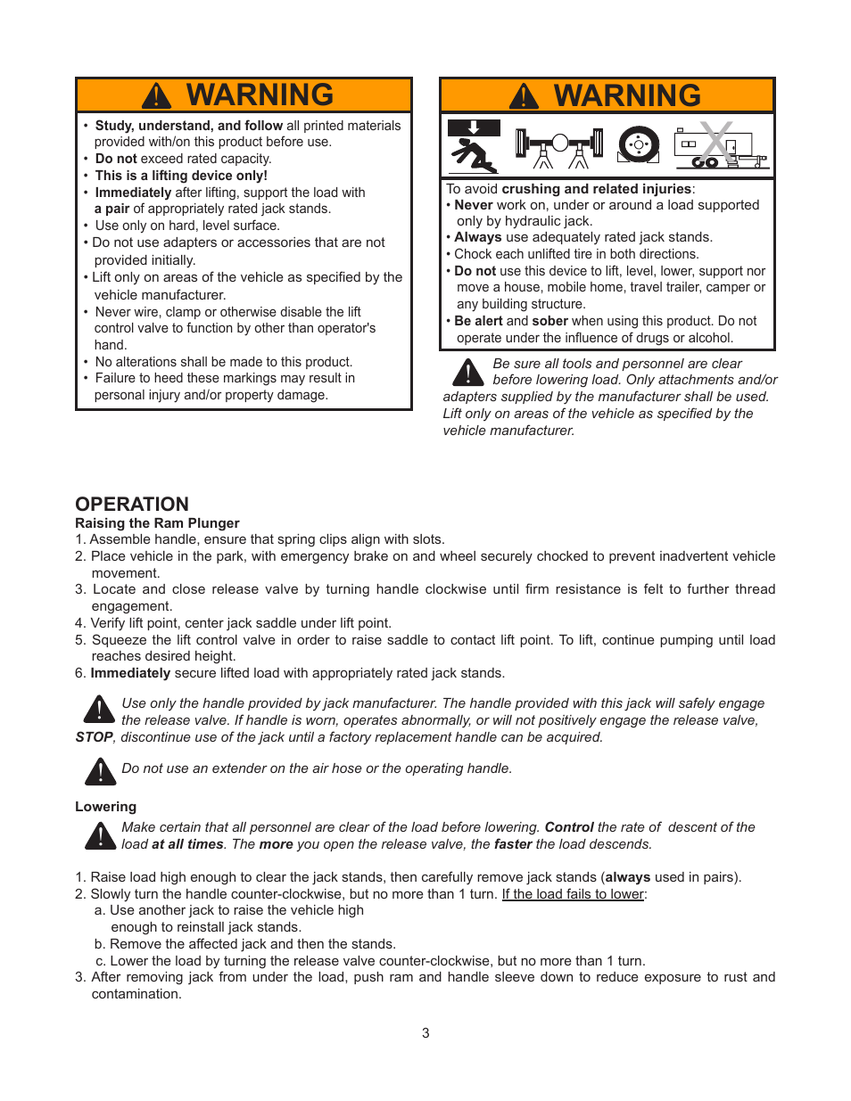 Warning | BVA Hydraulics J18992 User Manual | Page 3 / 8