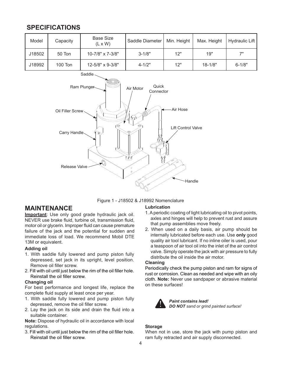 Specifications maintenance | BVA Hydraulics J18992 User Manual | Page 4 / 8