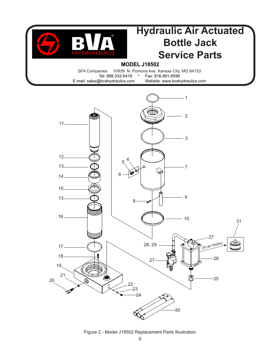 Hydraulic air actuated bottle jack service parts | BVA Hydraulics J18992 User Manual | Page 5 / 8