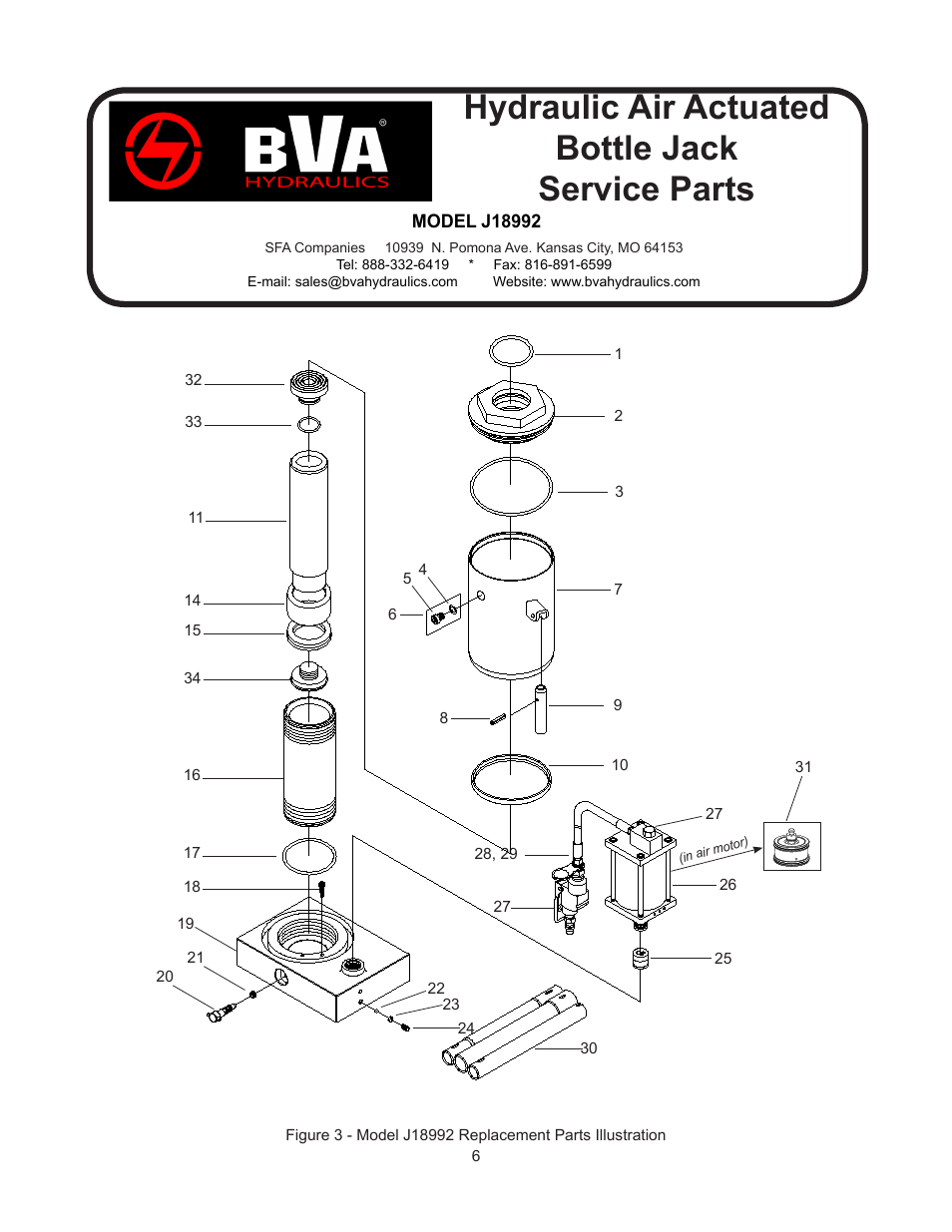 Hydraulic air actuated bottle jack service parts | BVA Hydraulics J18992 User Manual | Page 6 / 8