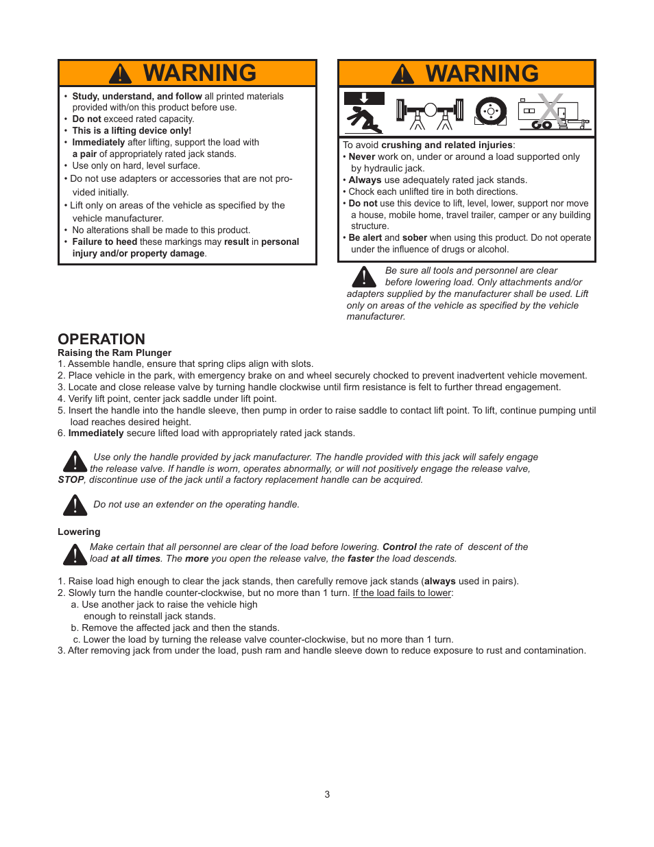 Warning, Operation | BVA Hydraulics J10300 User Manual | Page 3 / 8