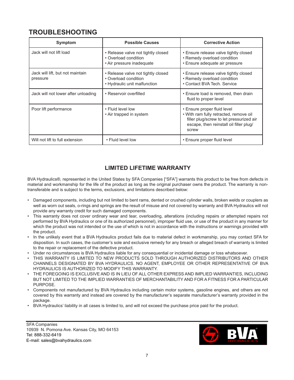 Troubleshooting, Limited lifetime warranty | BVA Hydraulics J10300 User Manual | Page 7 / 8