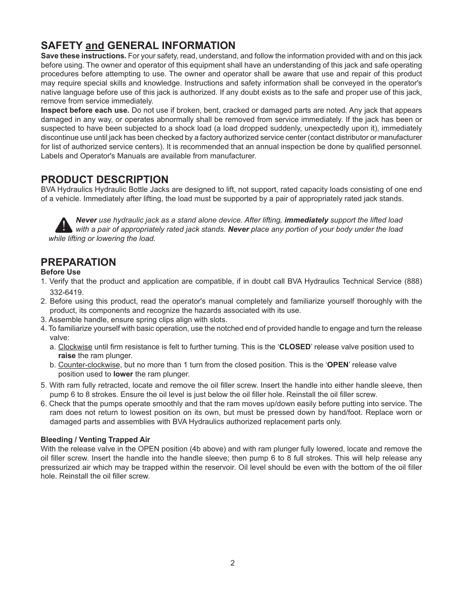 Safety and general information, Product description, Preparation | BVA Hydraulics J10500 User Manual | Page 2 / 8