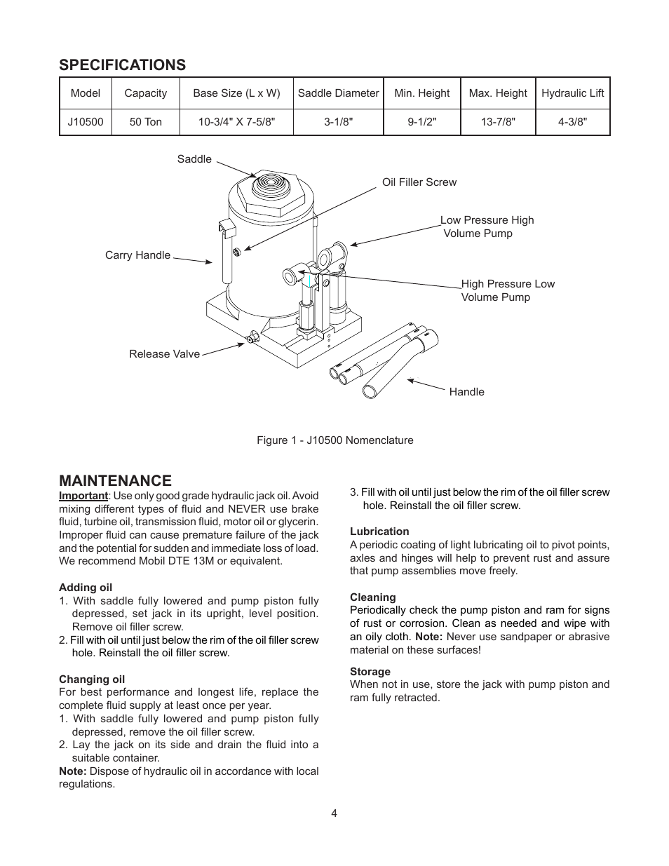 Maintenance, Specifications | BVA Hydraulics J10500 User Manual | Page 4 / 8