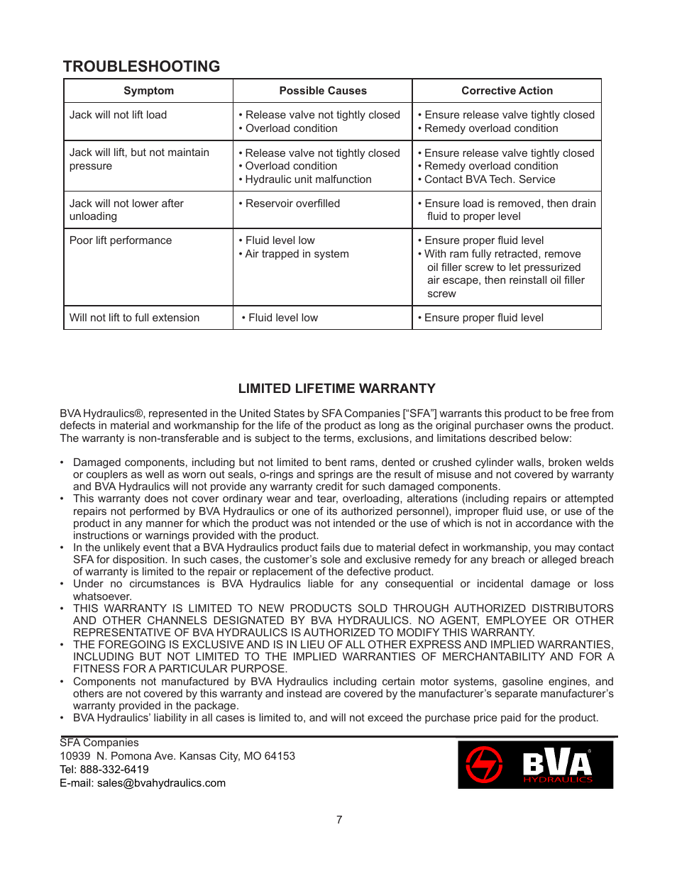 Troubleshooting | BVA Hydraulics J10500 User Manual | Page 7 / 8