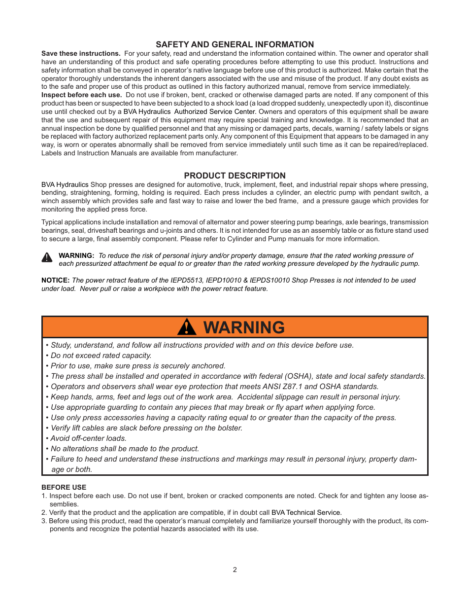 Warning | BVA Hydraulics IEPD5513, IEP10010, IAP10010, IEPD10010, IEPDS10010 User Manual | Page 2 / 12