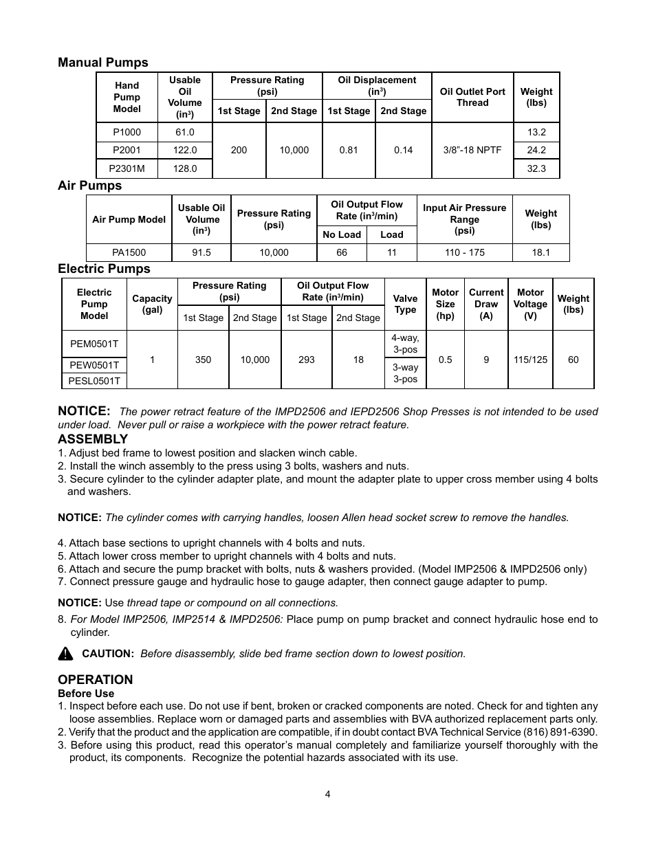 Manual pumps, Air pumps, Electric pumps | Notice, Assembly, Operation | BVA Hydraulics IMP2514, IAP2514, IEP2514, IEPS2514 User Manual | Page 4 / 10