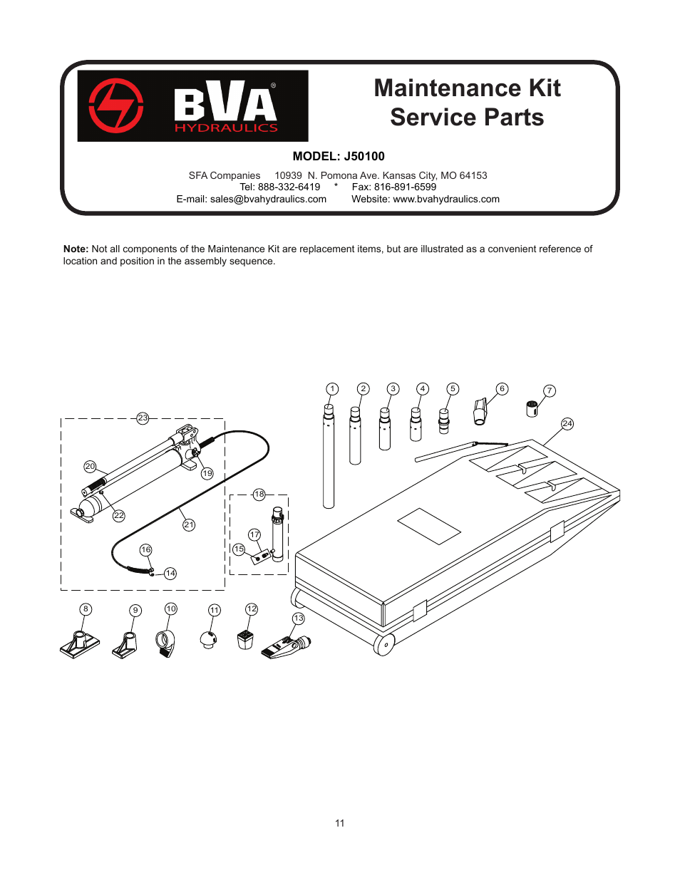 Maintenance kit service parts | BVA Hydraulics J50100 User Manual | Page 11 / 12