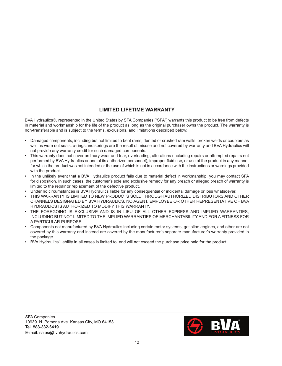 BVA Hydraulics J50100 User Manual | Page 12 / 12
