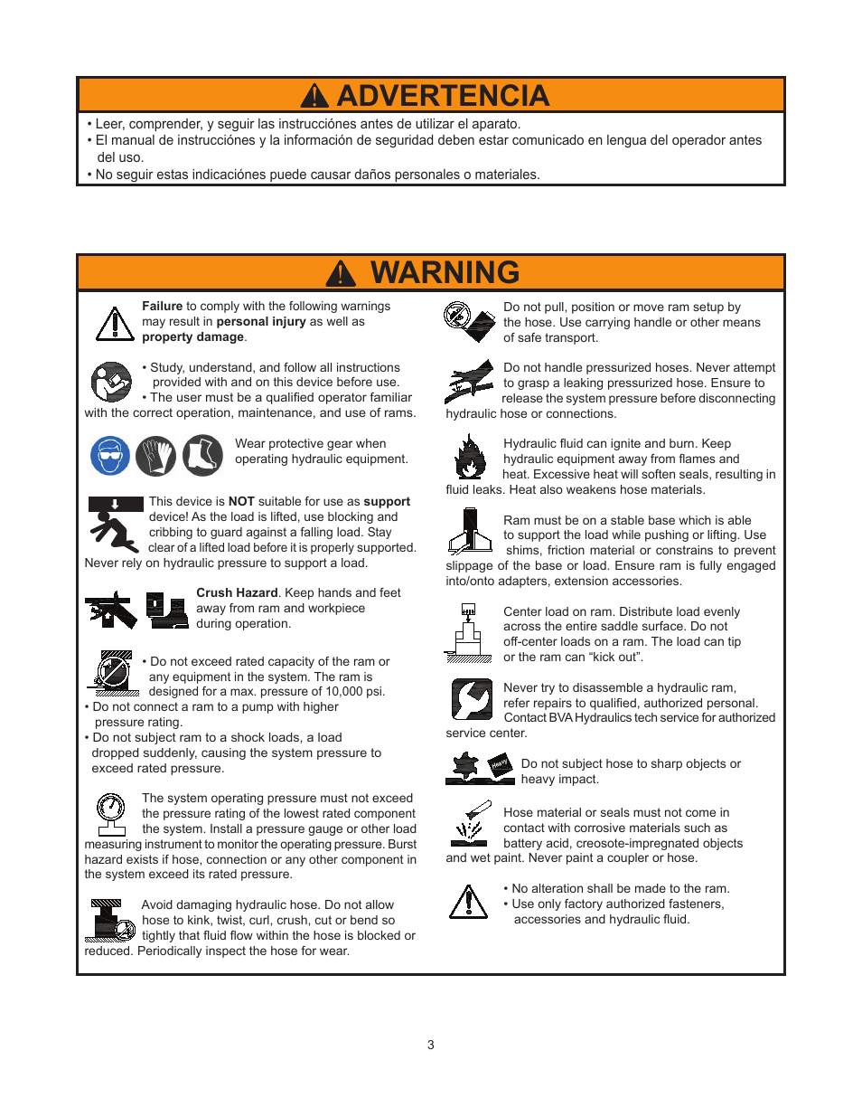 Warning, Advertencia | BVA Hydraulics J50100 User Manual | Page 3 / 12