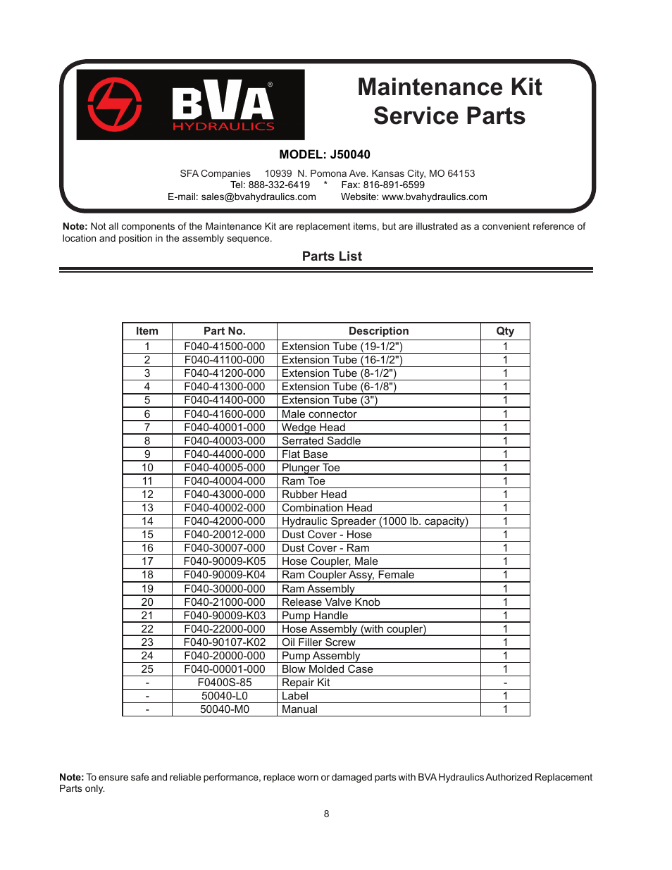 Maintenance kit service parts | BVA Hydraulics J50100 User Manual | Page 8 / 12