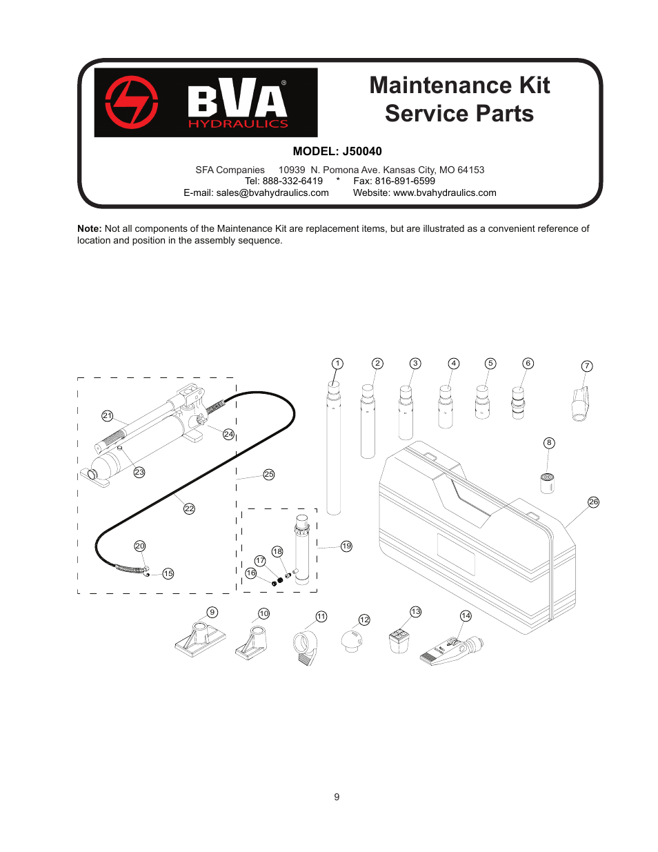 Maintenance kit service parts | BVA Hydraulics J50100 User Manual | Page 9 / 12