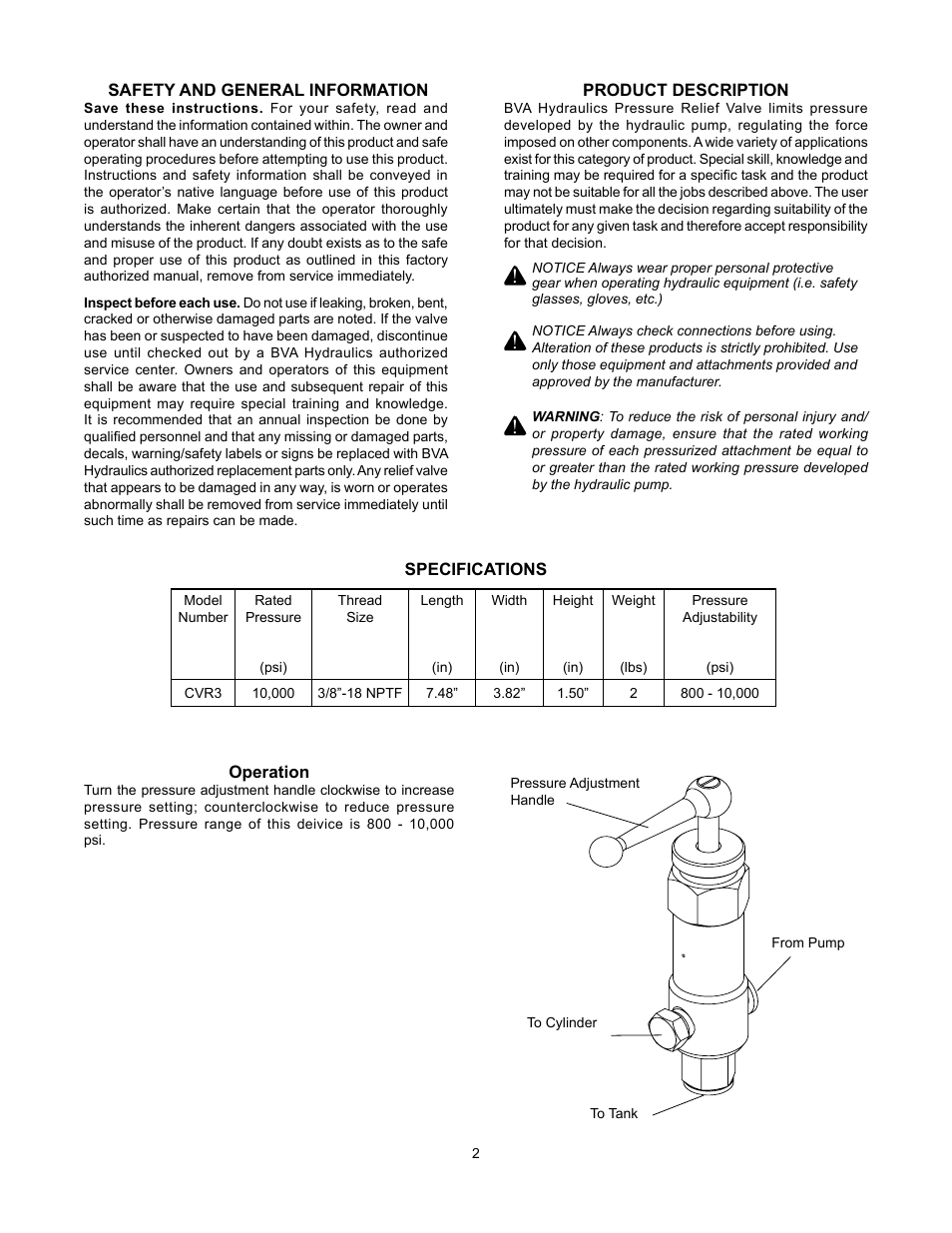 BVA Hydraulics CVR3 User Manual | Page 2 / 4