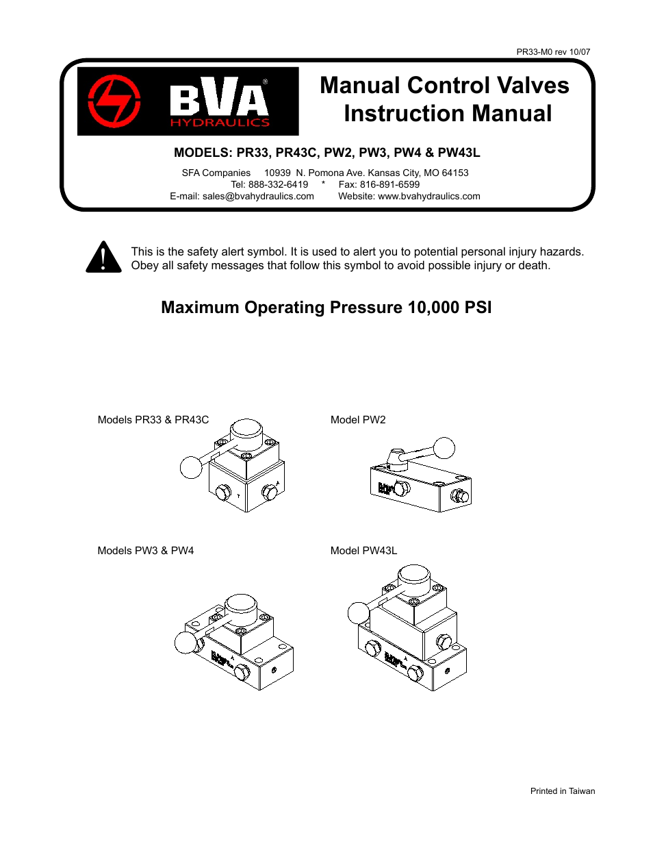 BVA Hydraulics PR33, PR43C, PW2, PW3, PW4, PW43L User Manual | 8 pages