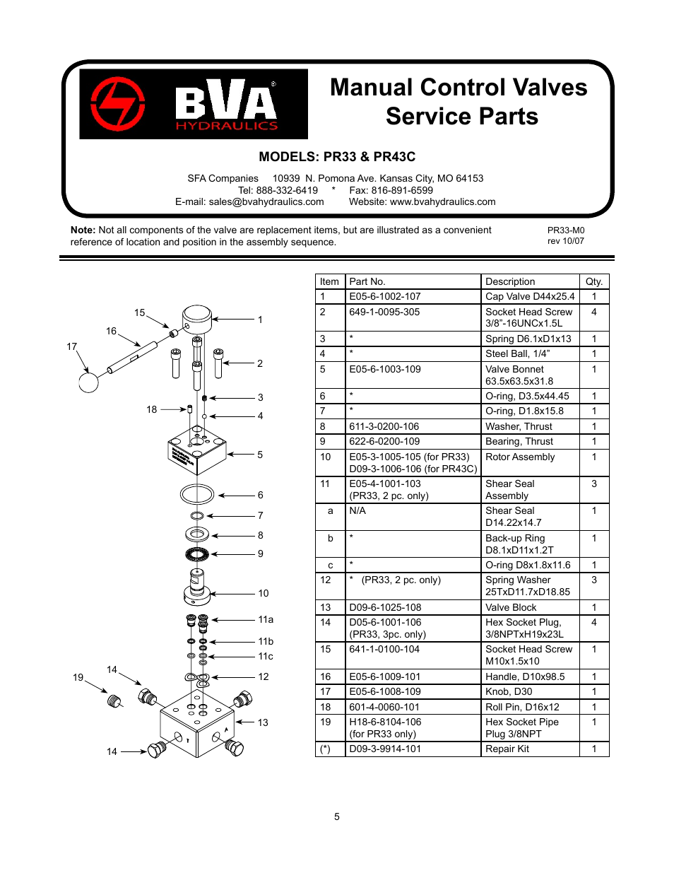 Manual control valves service parts, Models: pr33 & pr43c | BVA Hydraulics PR33, PR43C, PW2, PW3, PW4, PW43L User Manual | Page 5 / 8