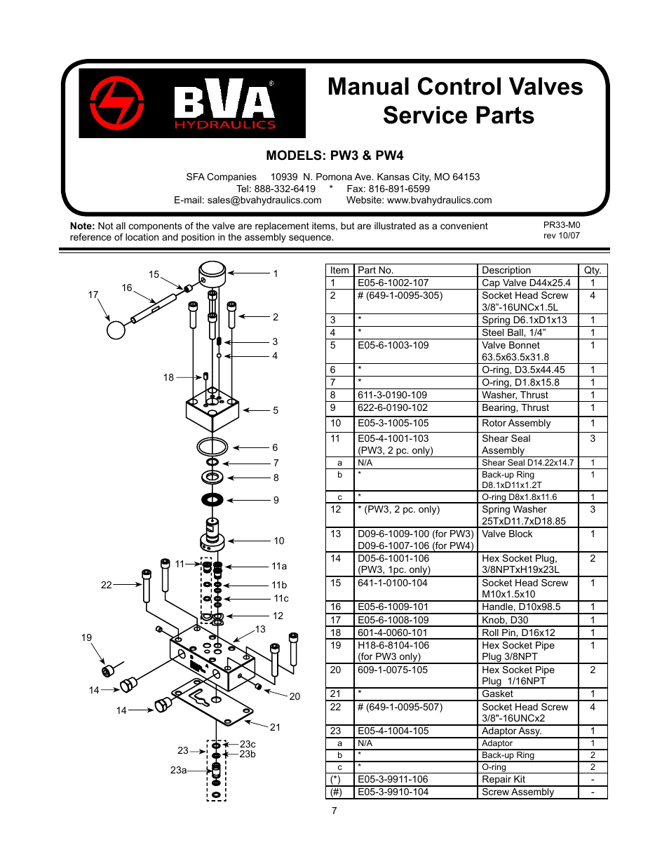 Manual control valves service parts, Models: pw3 & pw4 | BVA Hydraulics PR33, PR43C, PW2, PW3, PW4, PW43L User Manual | Page 7 / 8