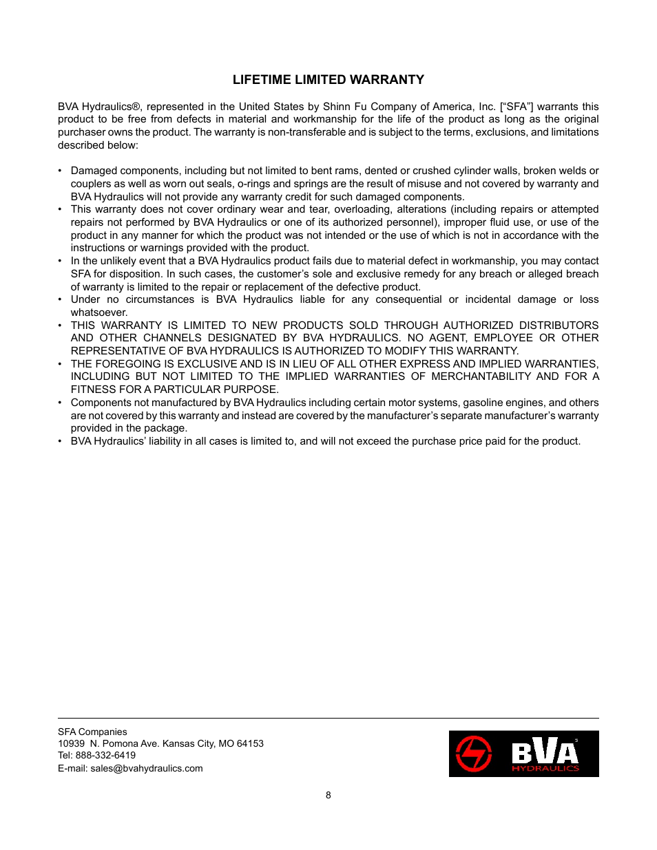 BVA Hydraulics PR33, PR43C, PW2, PW3, PW4, PW43L User Manual | Page 8 / 8