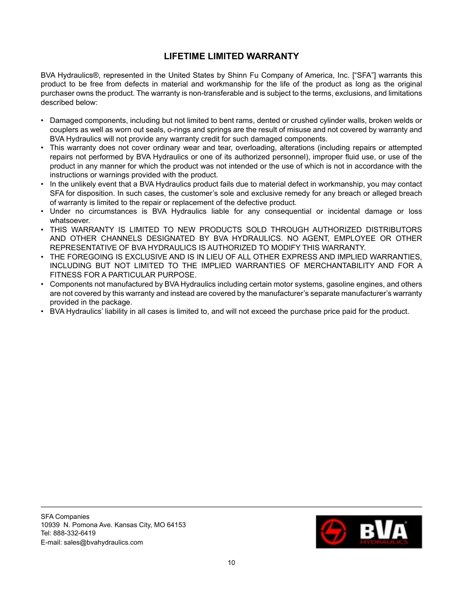 BVA Hydraulics PW2, PW3, PW4, PW33L, PW43L User Manual | Page 10 / 10
