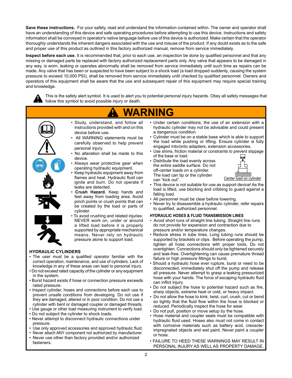 Warning | BVA Hydraulics PW2, PW3, PW4, PW33L, PW43L User Manual | Page 2 / 10