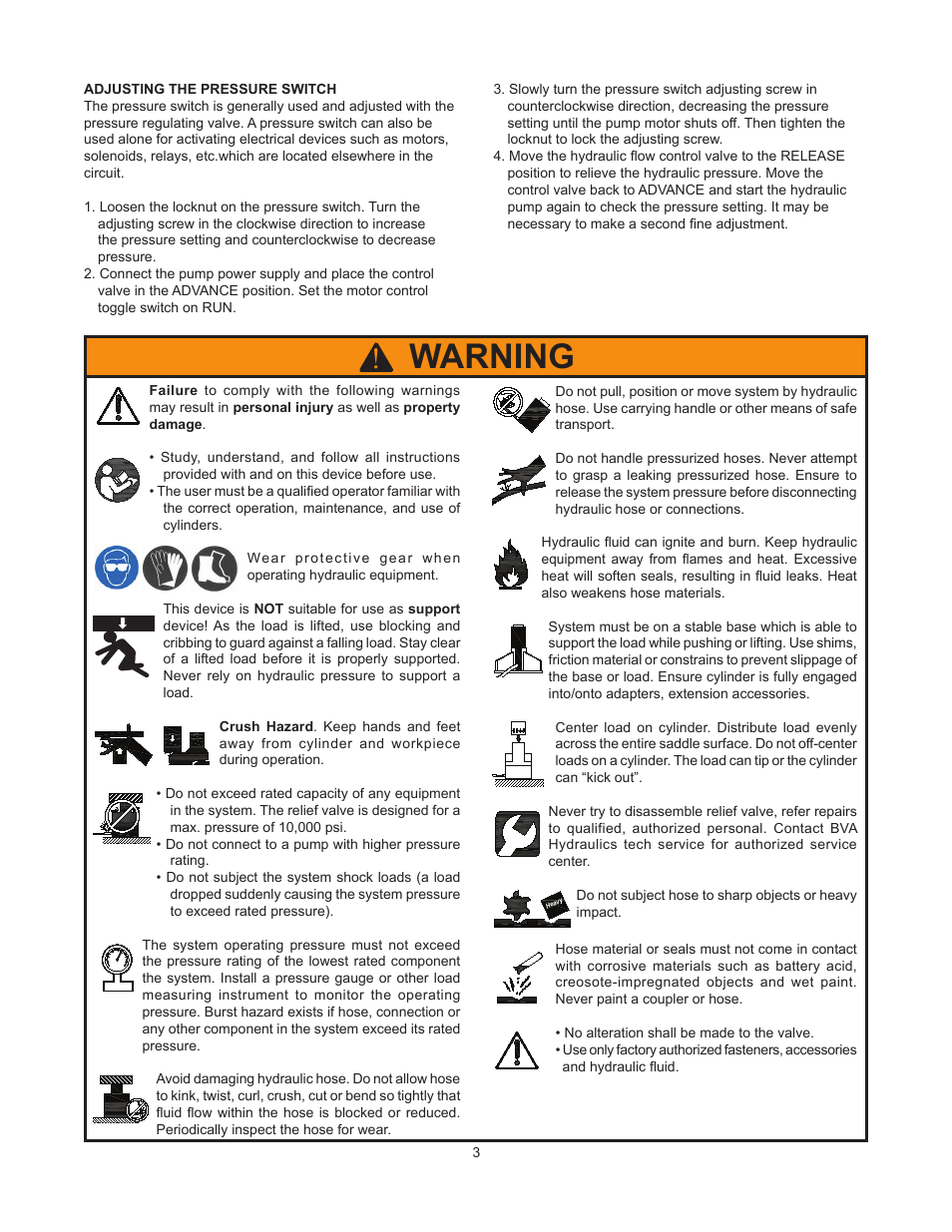 Warning | BVA Hydraulics CVS1 User Manual | Page 3 / 8