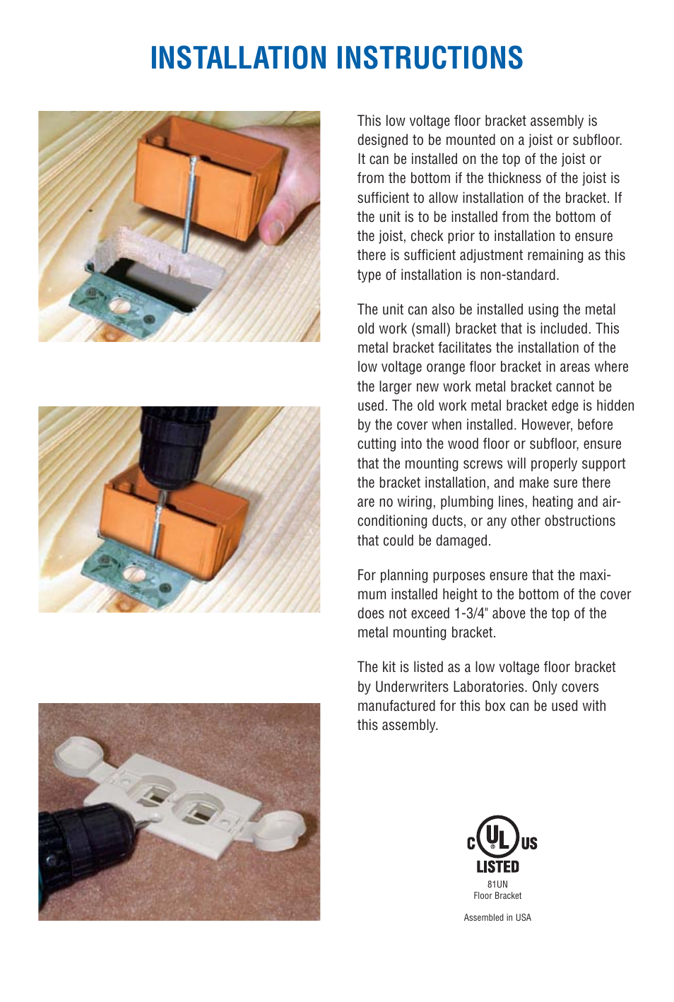 Installation instructions | Carlon Adjustable Low Voltage Floor Bracket Kit - Low Res User Manual | Page 2 / 4