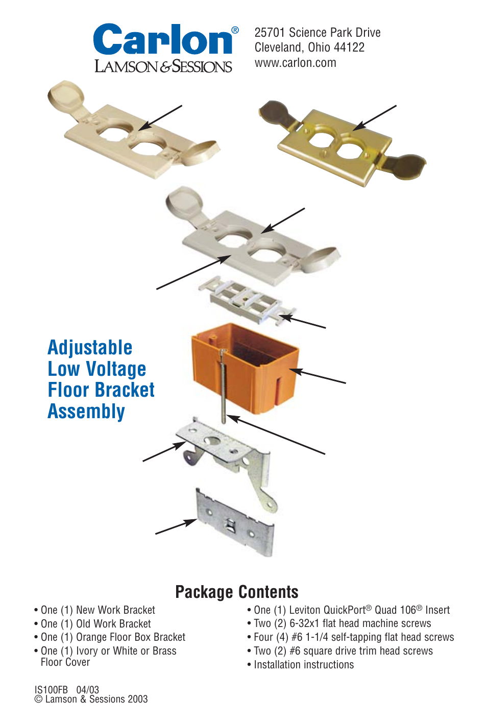 Adjustable low voltage floor bracket assembly, Package contents | Carlon Adjustable Low Voltage Floor Bracket Kit - Low Res User Manual | Page 4 / 4
