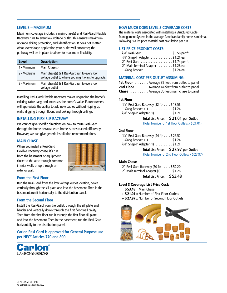 Resi-gard, Flexible raceway systems | Carlon Resi-Gard Flexible Raceway Systems Cost Estimation Sheet - Low Res User Manual | Page 2 / 2