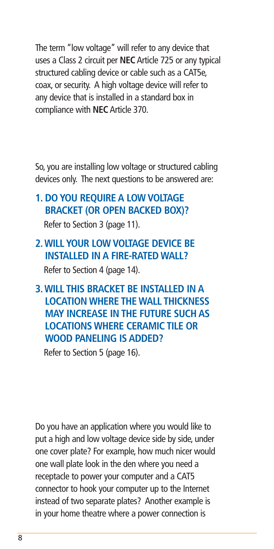 Low voltage devices only, High and low voltage device combination | Carlon Structured Cable Management Systems Handbook - Low Res User Manual | Page 10 / 92