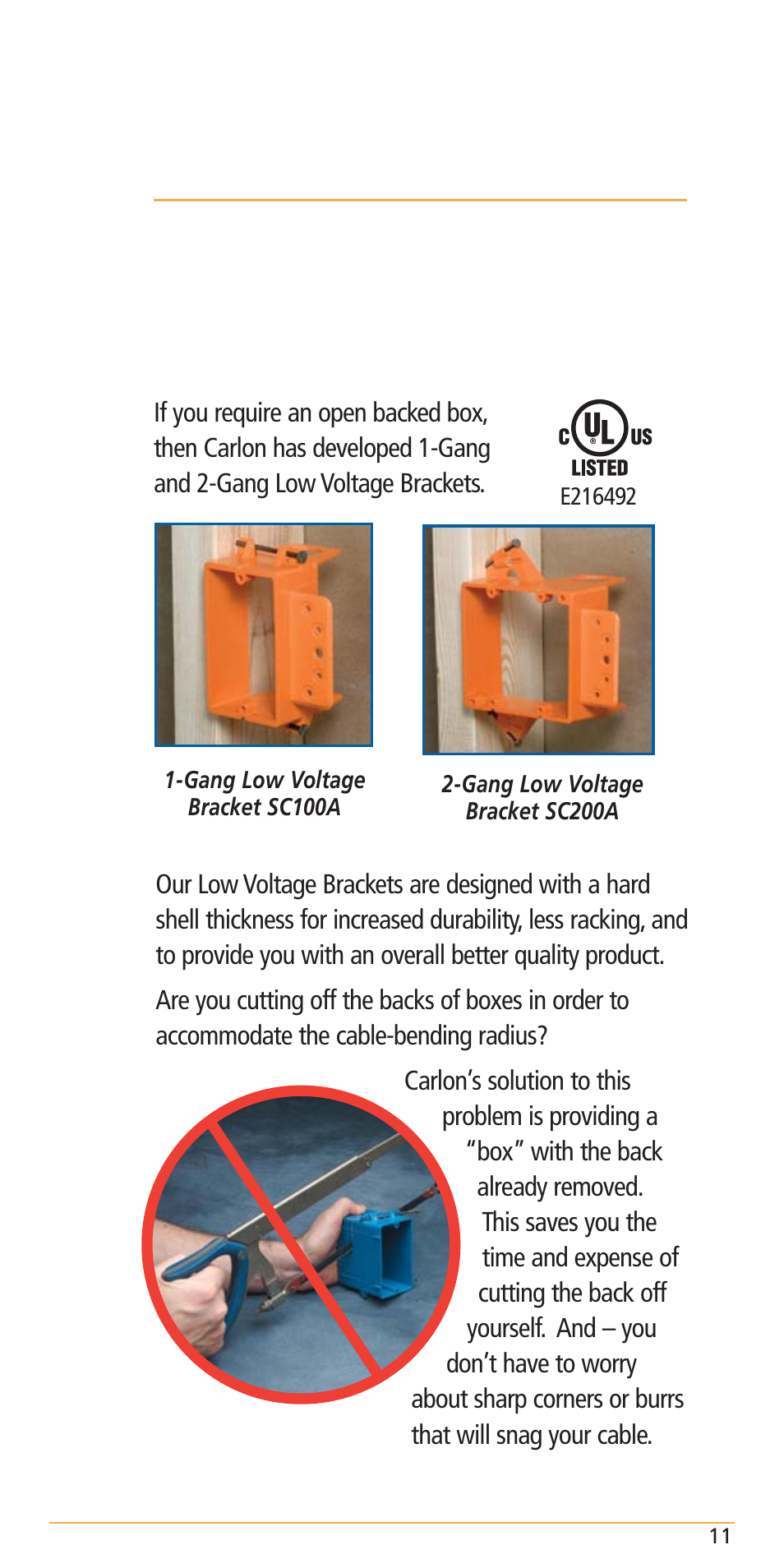 Low voltage brackets, Or open backed boxes) | Carlon Structured Cable Management Systems Handbook - Low Res User Manual | Page 13 / 92