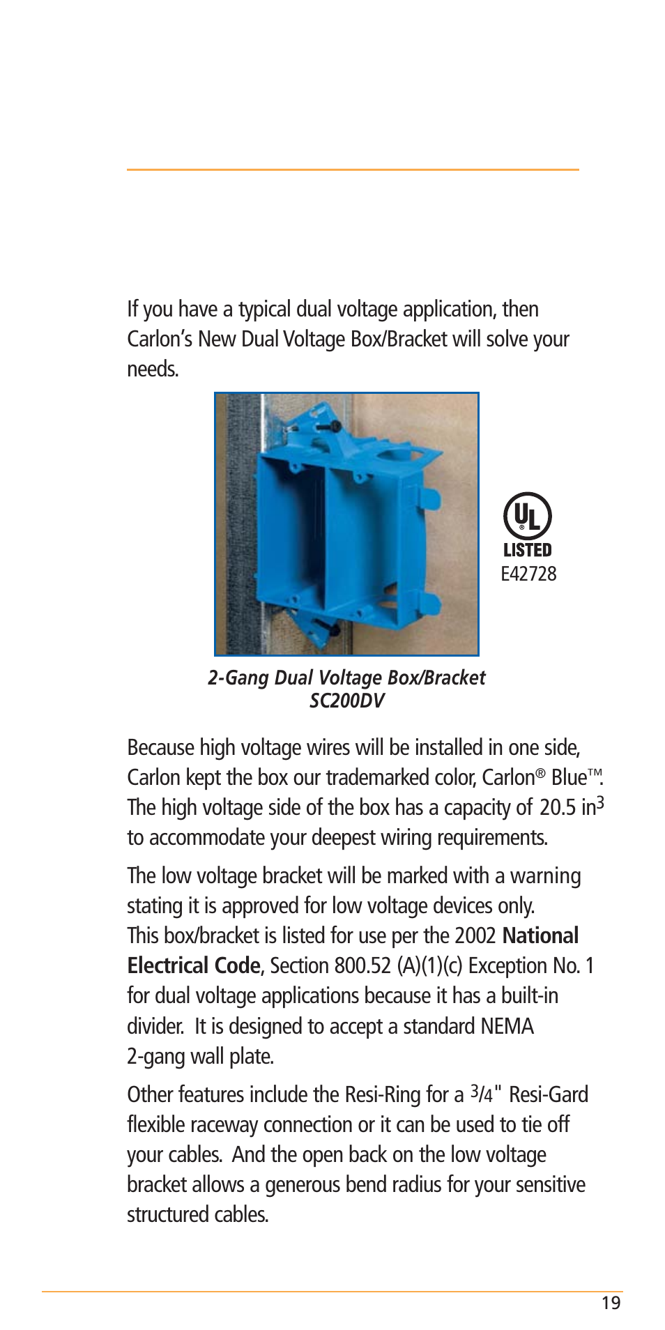 Dual voltage box/bracket | Carlon Structured Cable Management Systems Handbook - Low Res User Manual | Page 21 / 92