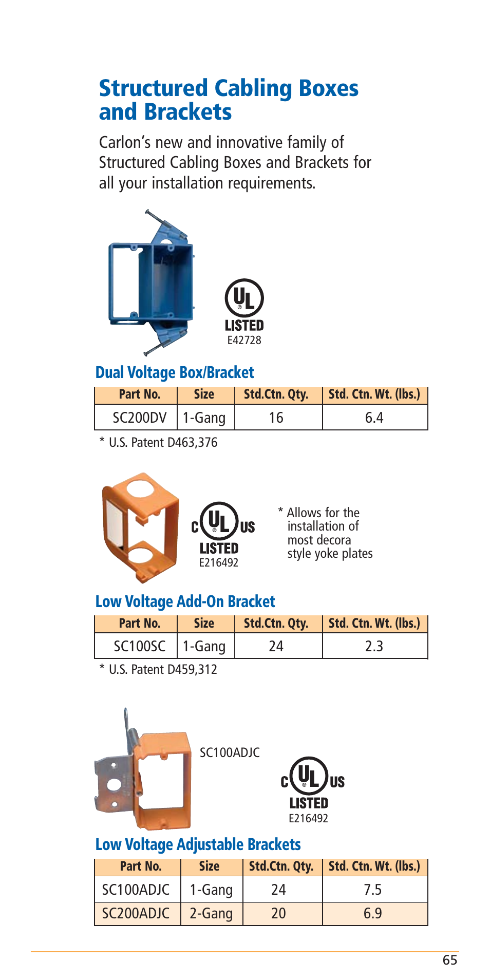Structured cabling boxes and brackets, Low voltage adjustable brackets, Low voltage add-on bracket | Carlon Structured Cable Management Systems Handbook - Low Res User Manual | Page 67 / 92