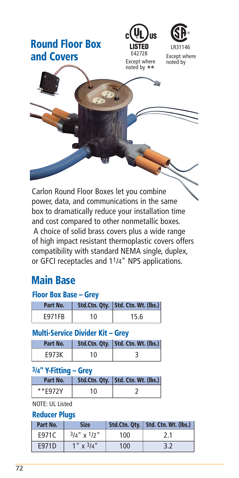 Round floor box and covers, Main base, Nps applications | Floor box base – grey, Multi-service divider kit – grey, Y-fitting – grey, Reducer plugs | Carlon Structured Cable Management Systems Handbook - Low Res User Manual | Page 74 / 92