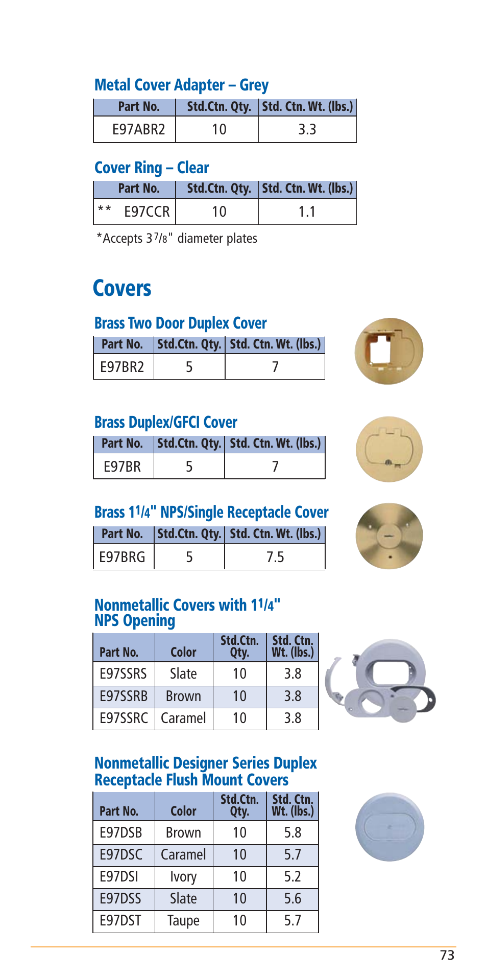 Covers, Metal cover adapter – grey, Cover ring – clear | Brass duplex/gfci cover, Brass two door duplex cover, Brass 1, Nps/single receptacle cover, Nonmetallic covers with 1, Nps opening | Carlon Structured Cable Management Systems Handbook - Low Res User Manual | Page 75 / 92