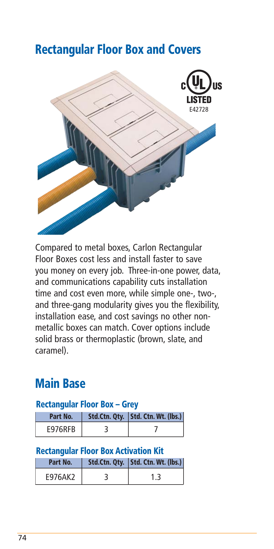 Main base rectangular floor box and covers | Carlon Structured Cable Management Systems Handbook - Low Res User Manual | Page 76 / 92