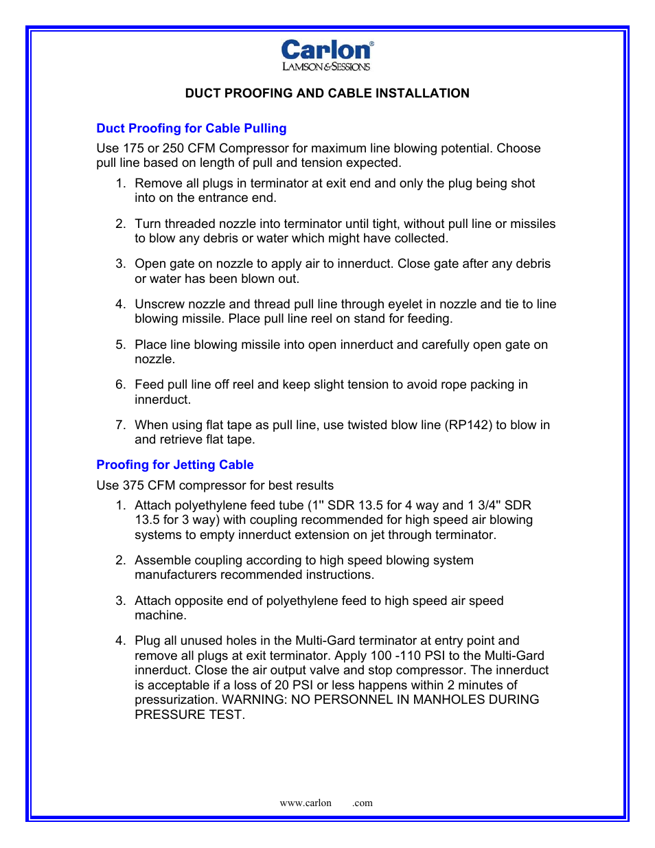 Carlon Duct Proofing and Cable User Manual | 3 pages