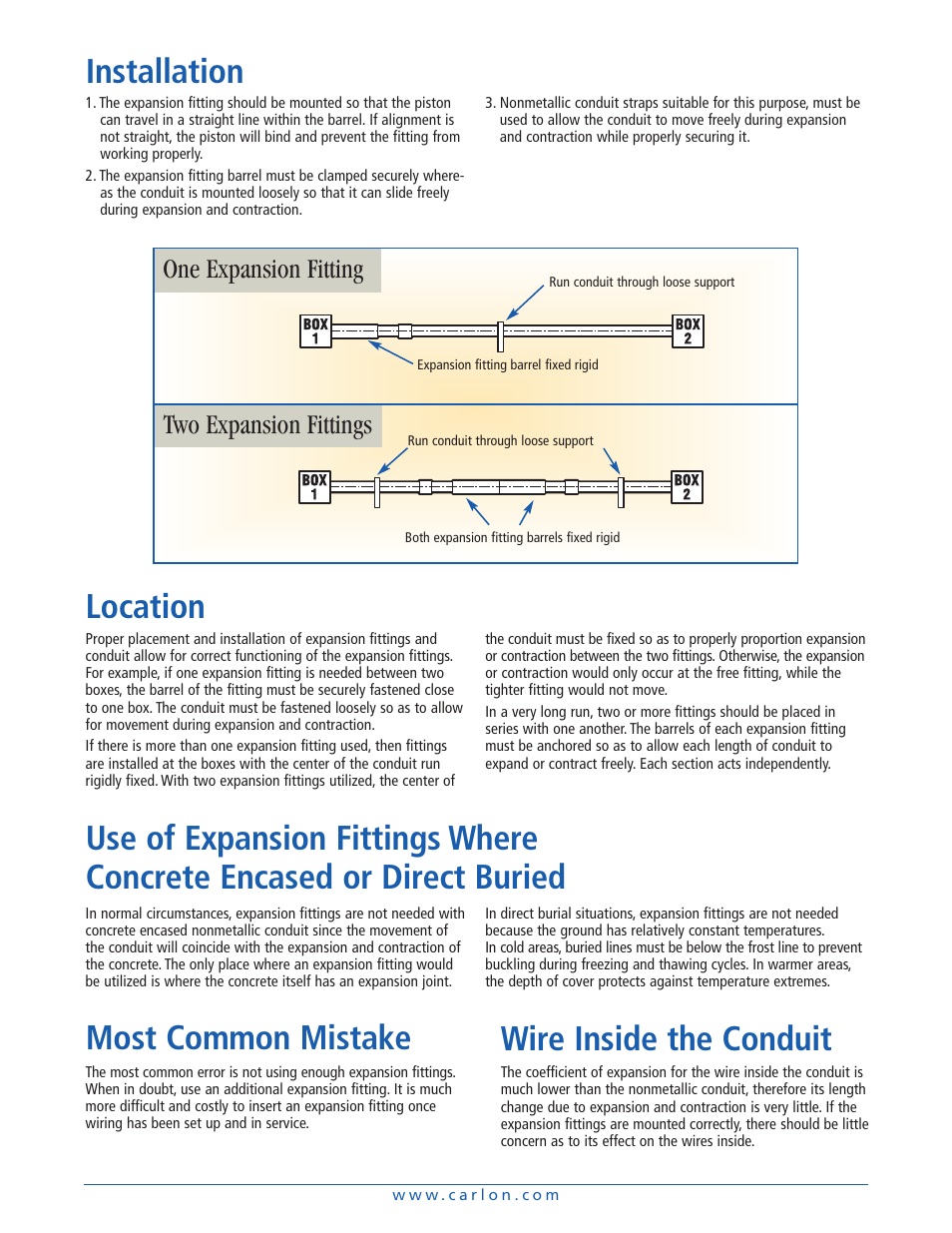 Installation, Location, Most common mistake | Wire inside the conduit, One expansion fitting two expansion fittings | Carlon Expansion Joints User Manual | Page 5 / 6