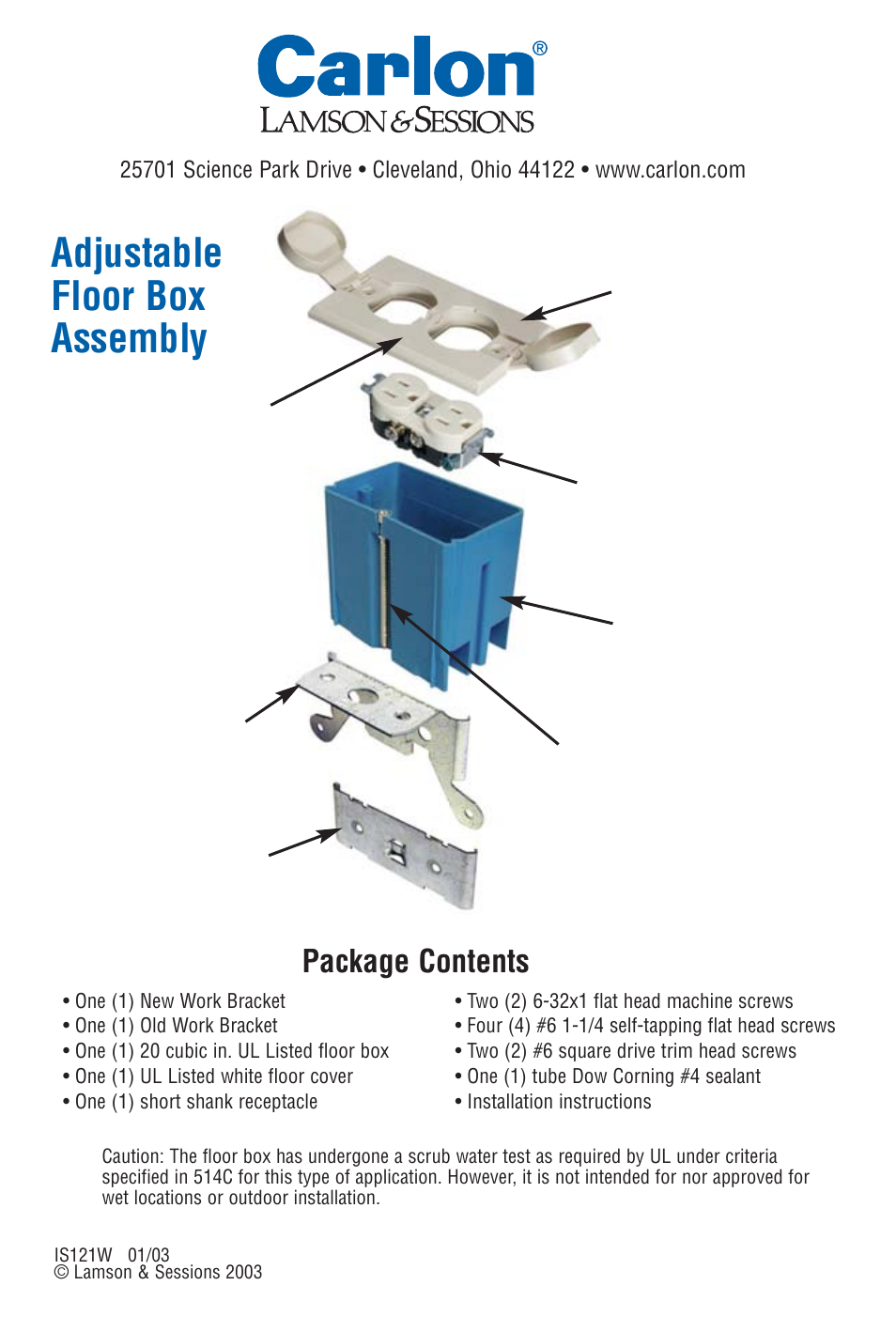 Adjustable floor box assembly, Package contents | Carlon White Adjustable Floor Box Kit - Low Res User Manual | Page 4 / 4