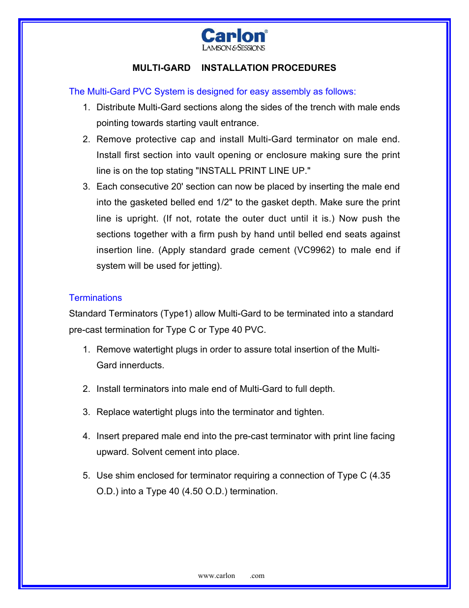 Carlon Multi-Gard Installation Procedures User Manual | 7 pages