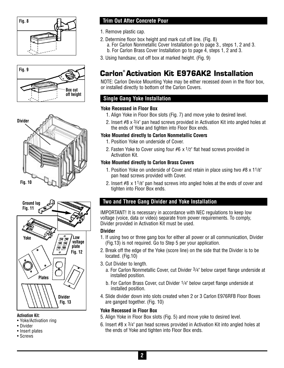Carlon, Activation kit e976ak2 installation | Carlon Rectangular Floor Box, Activation Kit, and Covers User Manual | Page 2 / 4