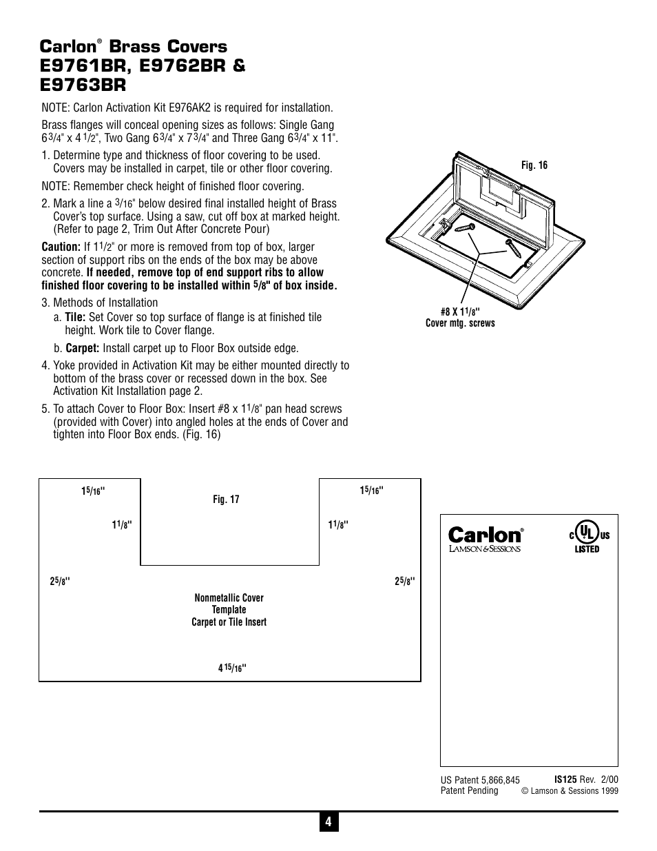 Carlon | Carlon Rectangular Floor Box, Activation Kit, and Covers User Manual | Page 4 / 4