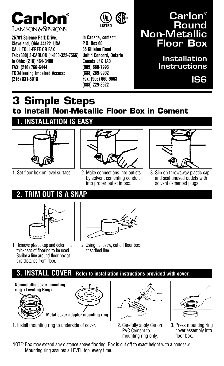 Carlon Round Nonmetallic Floor Box User Manual | 4 pages