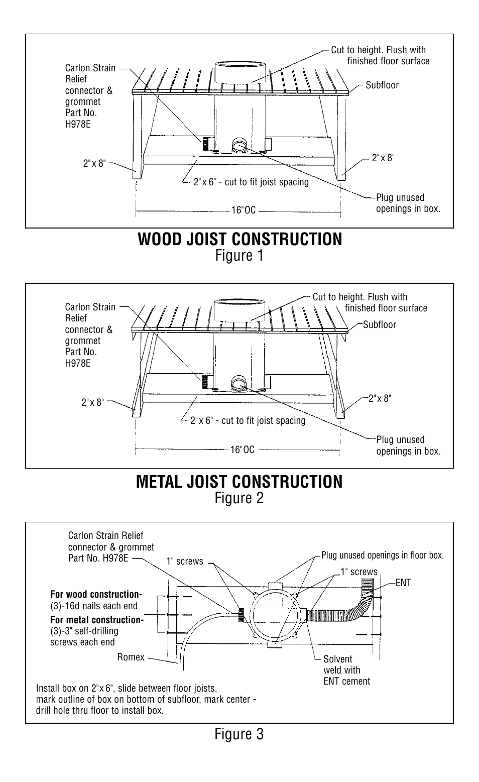 Wood joist construction, Metal joist construction, Figure 1 | Figure 2 figure 3 | Carlon Round Nonmetallic Floor Box User Manual | Page 3 / 4