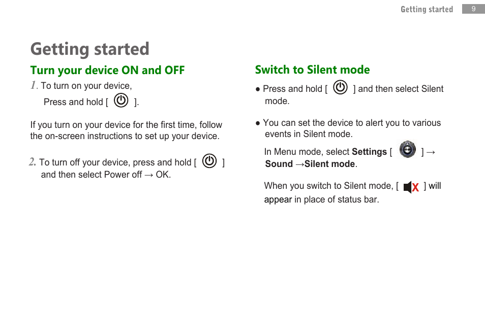 Getting started, Turn your device on and off 1, Switch to silent mode | Double Power Technology MD-702 User Manual | Page 11 / 64