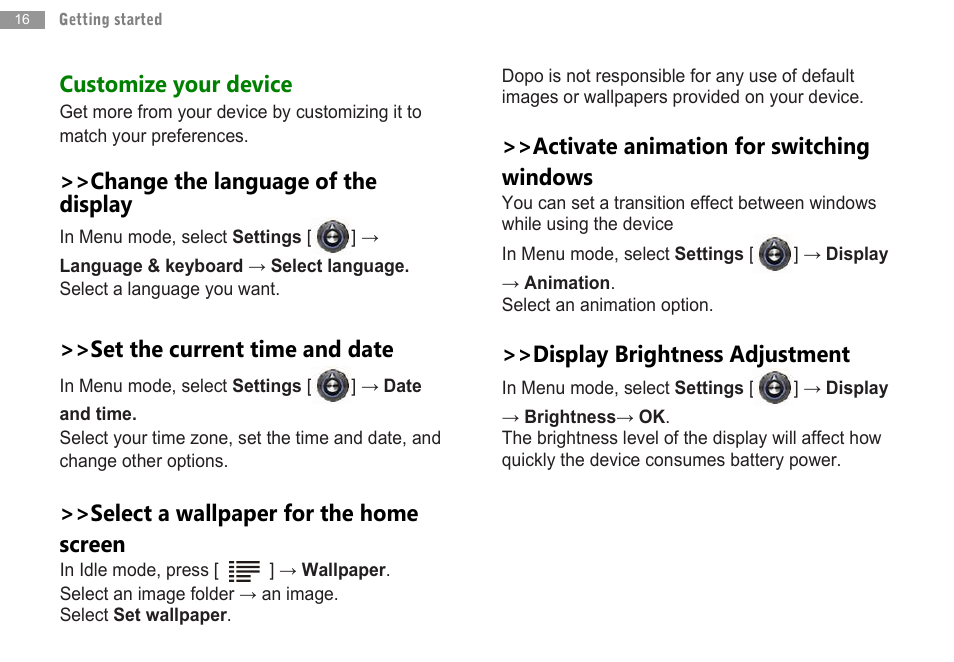 Customize your device, Change the language of the display, Set the current time and date | Select a wallpaper for the home screen, Activate animation for switching windows, Display brightness adjustment | Double Power Technology MD-702 User Manual | Page 18 / 64