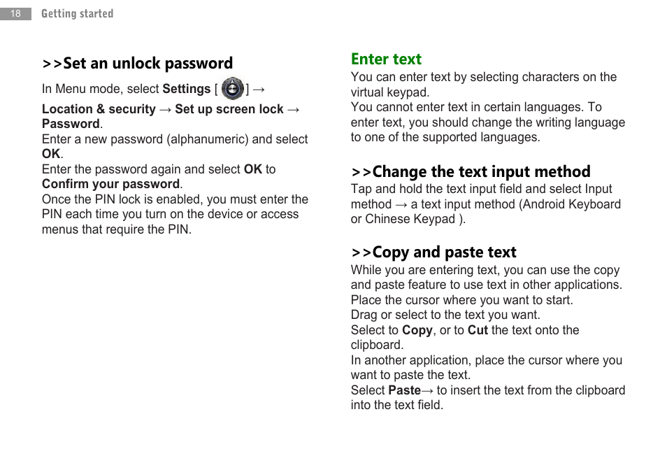 Set an unlock password, Enter text, Change the text input method | Copy and paste text | Double Power Technology MD-702 User Manual | Page 20 / 64