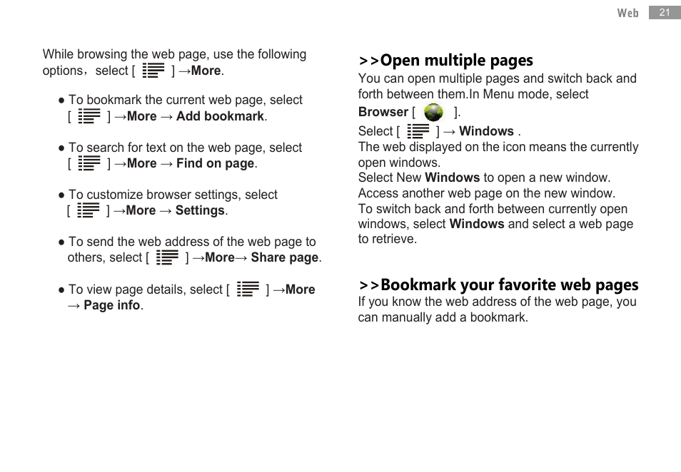 Open multiple pages, Bookmark your favorite web pages | Double Power Technology MD-702 User Manual | Page 23 / 64
