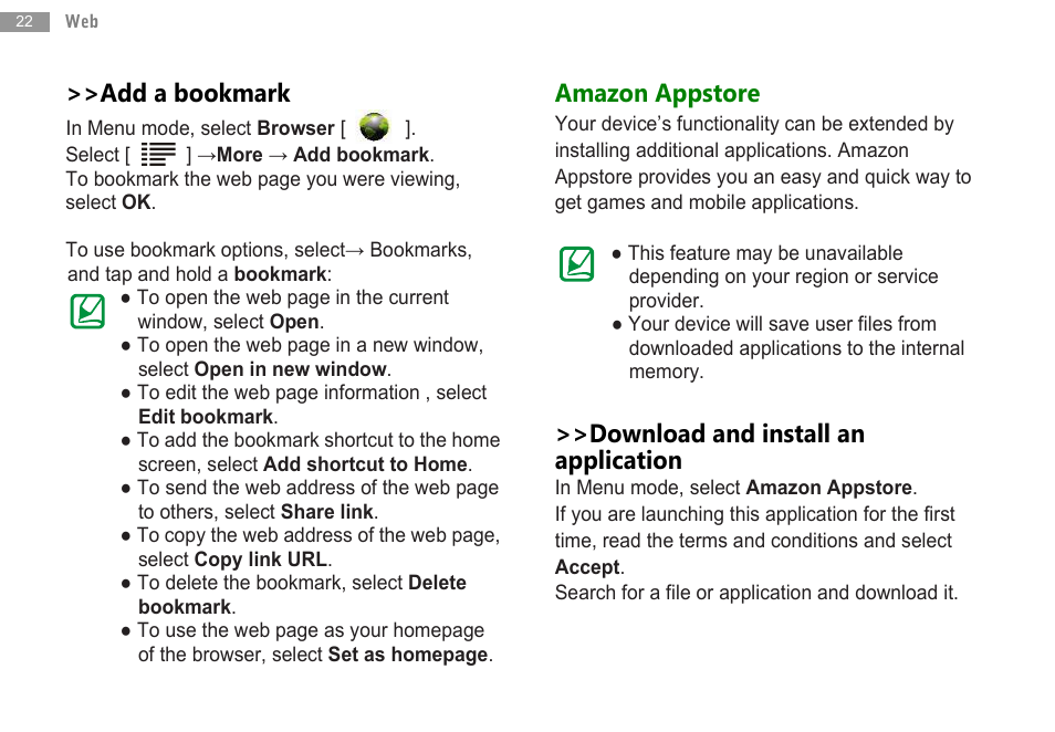 Add a bookmark, Amazon appstore, Download and install an application | Double Power Technology MD-702 User Manual | Page 24 / 64