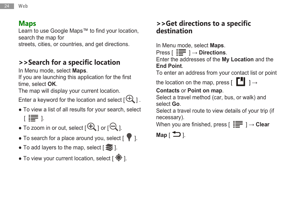 Maps, Search for a specific location, Get directions to a specific destination | Double Power Technology MD-702 User Manual | Page 26 / 64