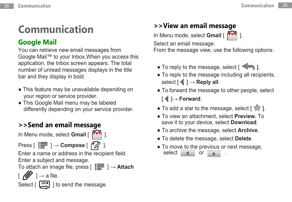 Communication, Google mail, Send an email message | View an email message | Double Power Technology MD-702 User Manual | Page 28 / 64
