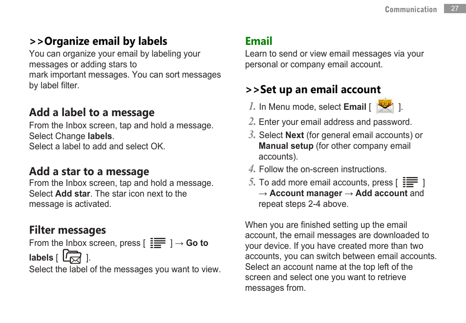 Organize email by labels, Add a label to a message, Add a star to a message | Filter messages, Email, Set up an email account 1 | Double Power Technology MD-702 User Manual | Page 29 / 64